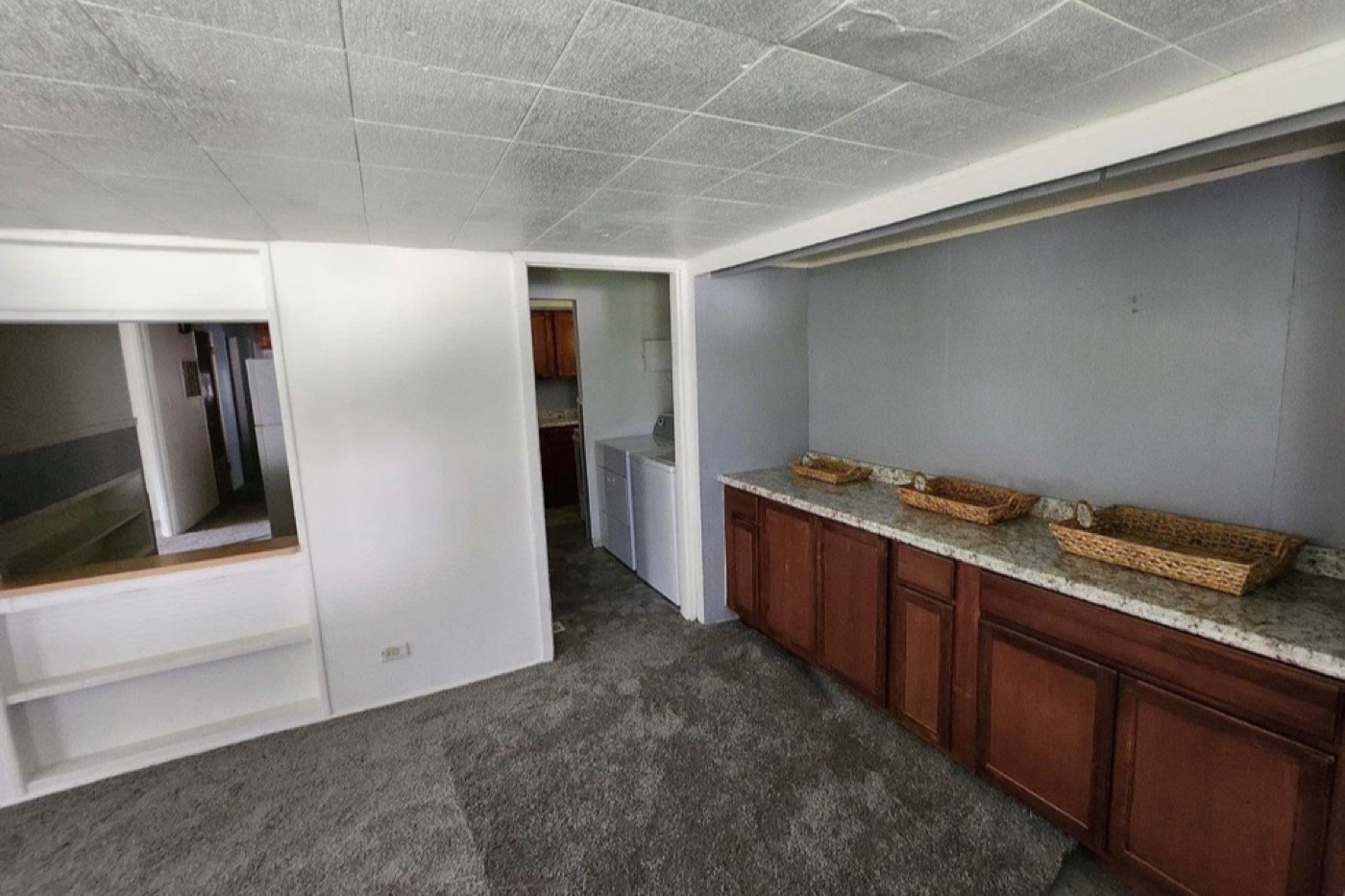 Kitchen before renovation: dark wood cabinets, drop ceiling, carpeted floor.